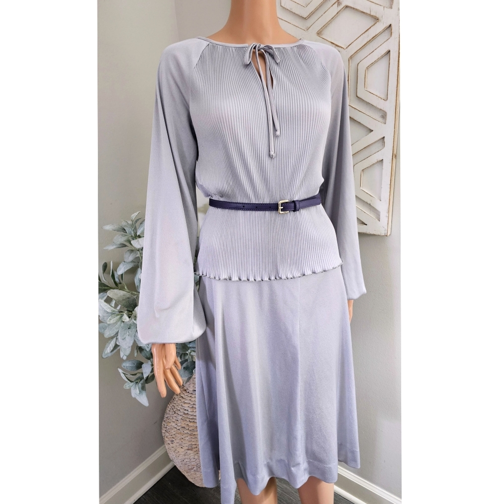 70's Vintage The Collection Silver Accordion Bodice Peplum A-Line Midi Dress
